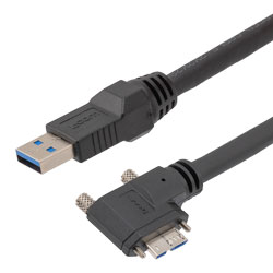 高柔性拖链级USB3.0线缆组件，A型公头至直角左出线Micro-B型公头，带机器视觉锁紧螺丝， VW-1阻燃等级PVC护套，黑色，1.5米的图片