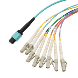 MPO带引脚插口到FLC扇出插口，8根光纤，OM4 50 / 125um多模，OFNR 光缆护套，水蓝色，3米的图片