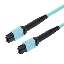 MPO w/ pins to MPO w/ pins, 24 Fiber Round, OM3 10G 50/125 Multimode, LSZH Jacket, Aqua, 5.0m的图片