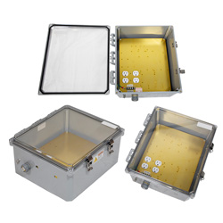 14×12×6英寸（35.6×30.5×15.2厘米）NEMA-4X级防风雨聚碳酸酯接线盒，120V交流电源安装板，机械式恒温器加热，透明盒盖，深灰的图片