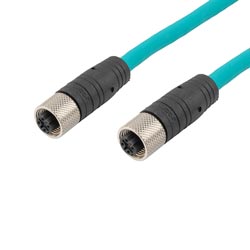 超5类IP68防护等级4针D编码SF/UTP双屏蔽工业户外级高柔性M12线缆，M12母头/M12母头，CMX阻燃等级TPE护套，青，0.5米的图片