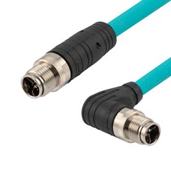 超6类10G级IP67防护等级8针X编码SF/UTP双屏蔽工业户外级高柔性M12线缆，90°直角型M12公头/M12公头，CMX阻燃等级TPE护套，青，0.5米的图片