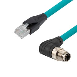 超6类M12 8针X编码SF/UTP工业级拖链线缆，90°直角型M12公头/RJ45公头，15米的图片