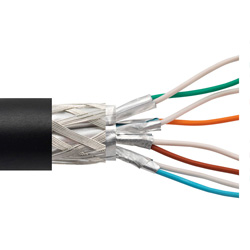 6类以太网散装线缆，分别单独屏蔽的双绞线之外进一步裹敷编织屏蔽层（S/FTP），RJ45公头/插头，26AWG多股导线，CMG阻燃级PVC护套，黑，500英尺（152.4米）的图片