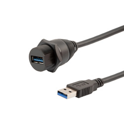 防水型USB3.0线缆组件，IP67面板安装A型母头/标准A型公头，30/24AWG，PVC黑色护套，0.5米的图片