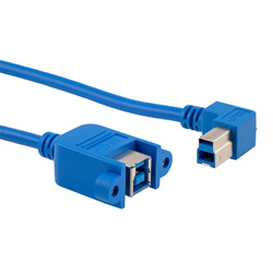 USB 3.0电缆组件，B型面板安装母插孔到B型90度直角公插头，30 / 24AWG，PVC，蓝色，0.3米的图片